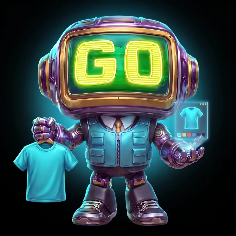 GoBot, the GoTrack robot, holding a t-shirt beside a floating product card