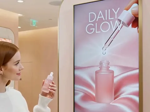 Bir müşteri kozmetik masasından pembe serum alıyor; yanındaki ekran aynı seruma geçiyor