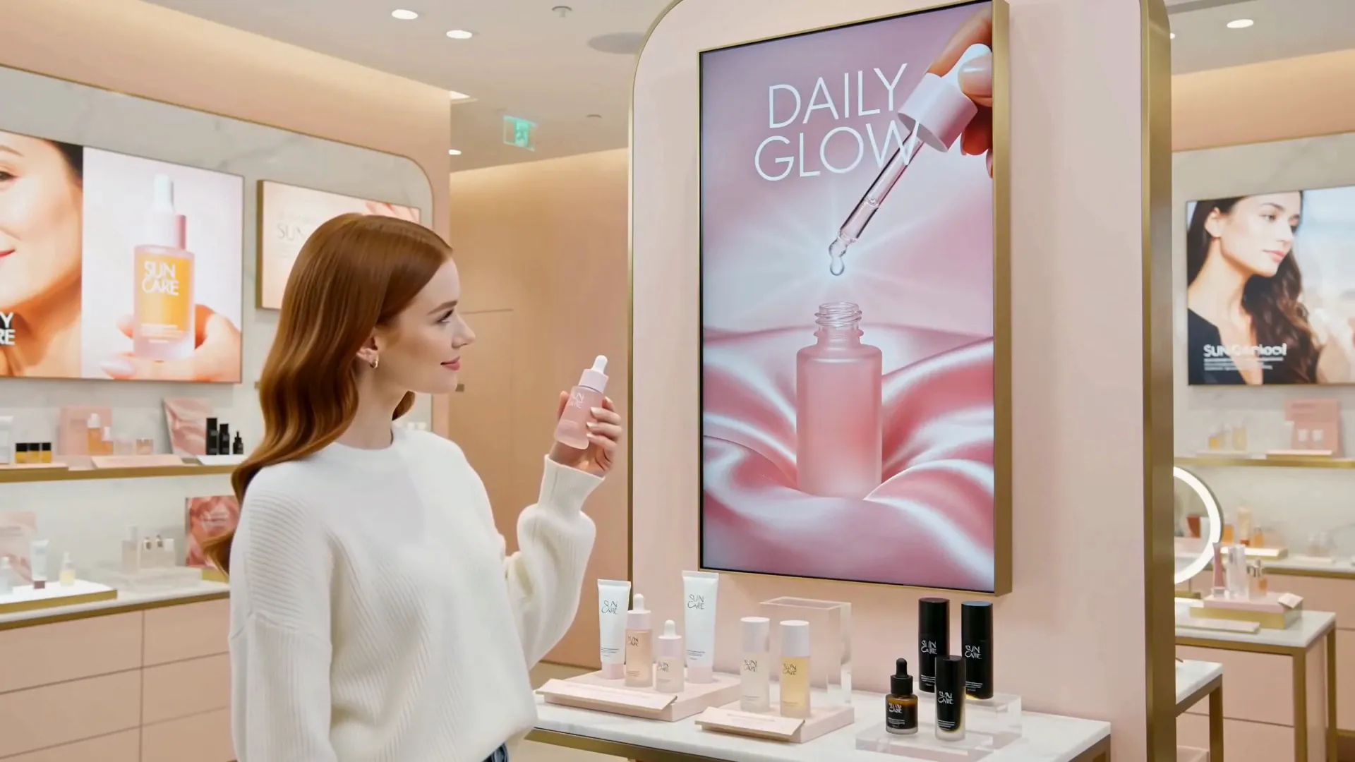 Bir müşteri kozmetik masasından pembe serum alıyor; yanındaki ekran aynı seruma geçiyor