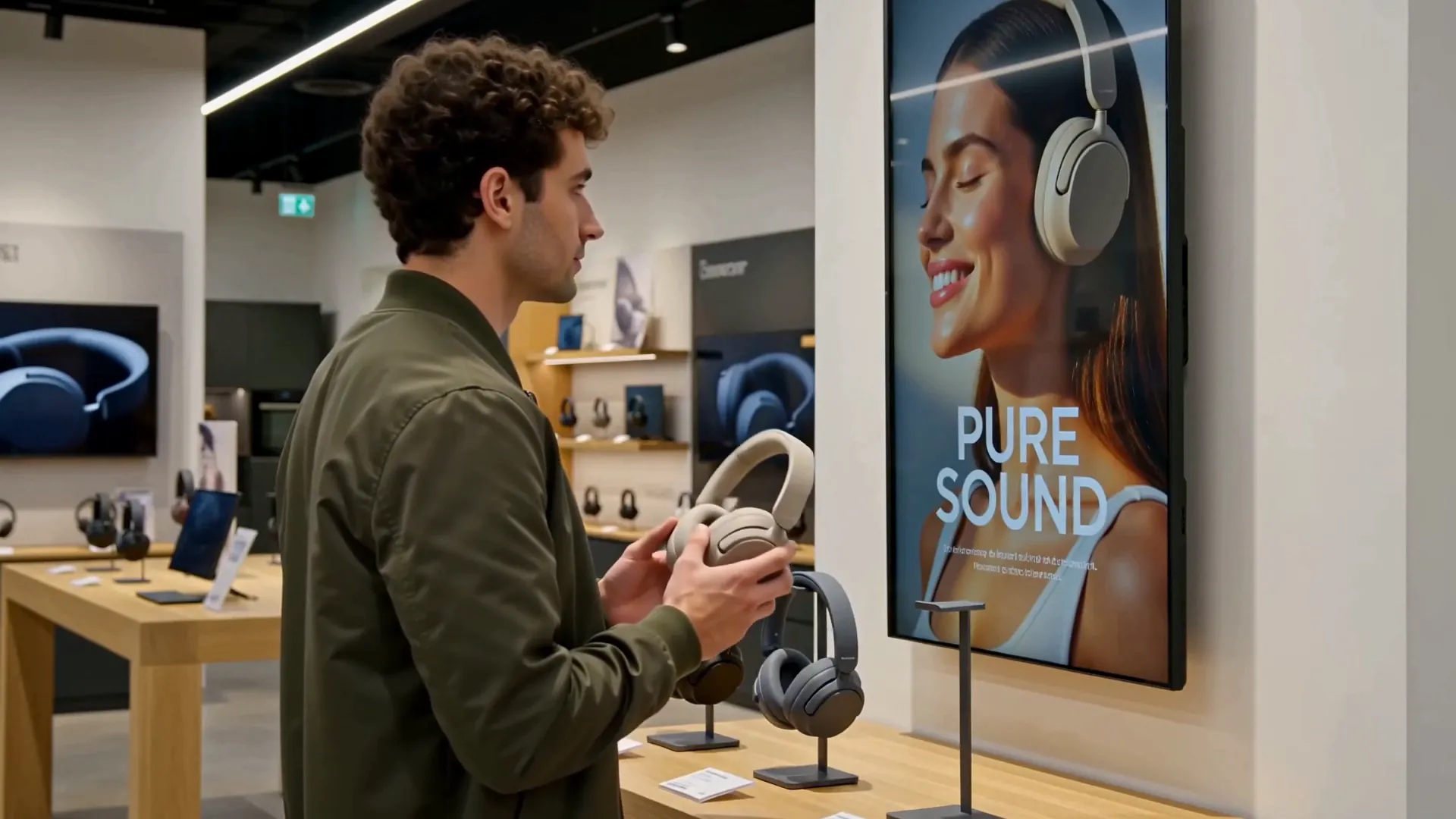 A shopper lifts beige headphones off their stand; the screen beside them switches to the same headphones
