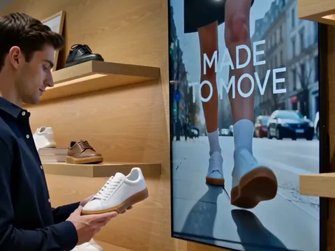 Bir müşteri raftan beyaz deri sneaker alıyor; yanındaki ekran aynı ayakkabıya geçiyor