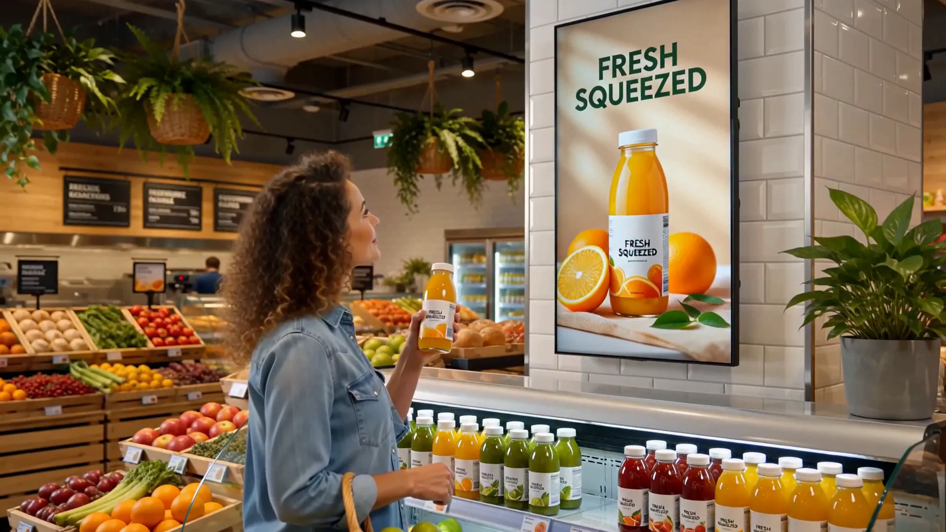 A shopper takes a bottle of orange juice from a chiller; the screen beside it switches to the same juice