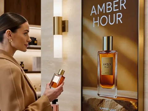 Bir müşteri tepsiden amber parfüm şişesi alıyor; yanındaki ekran aynı şişeye geçiyor