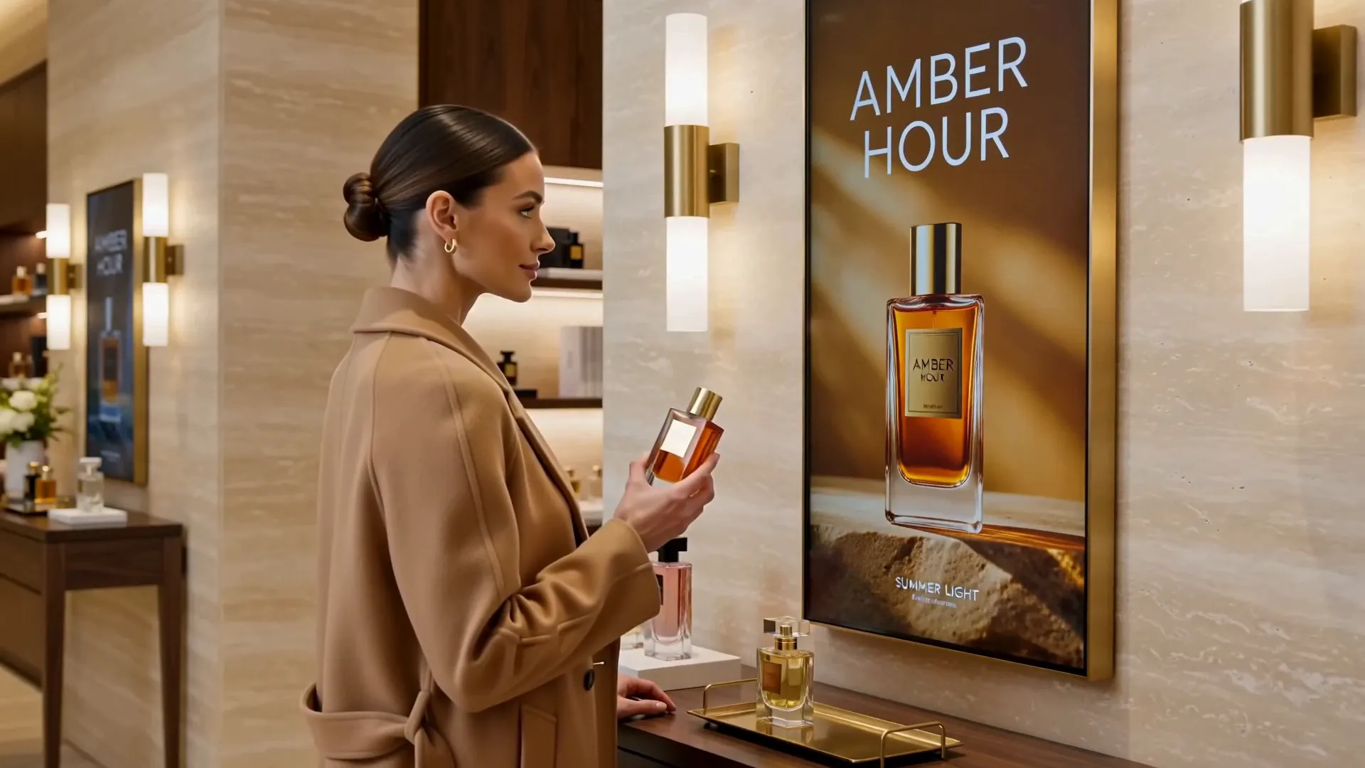 A shopper lifts an amber perfume bottle off a tray; the screen beside it switches to the same bottle