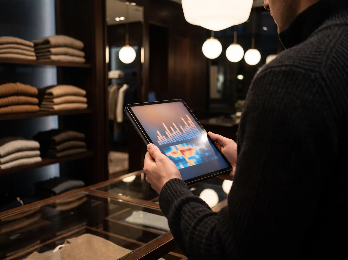 Katlanmış triko raflarının önünde ürün analitiği grafiği açık bir tablet tutan mağaza müdürünün elleri