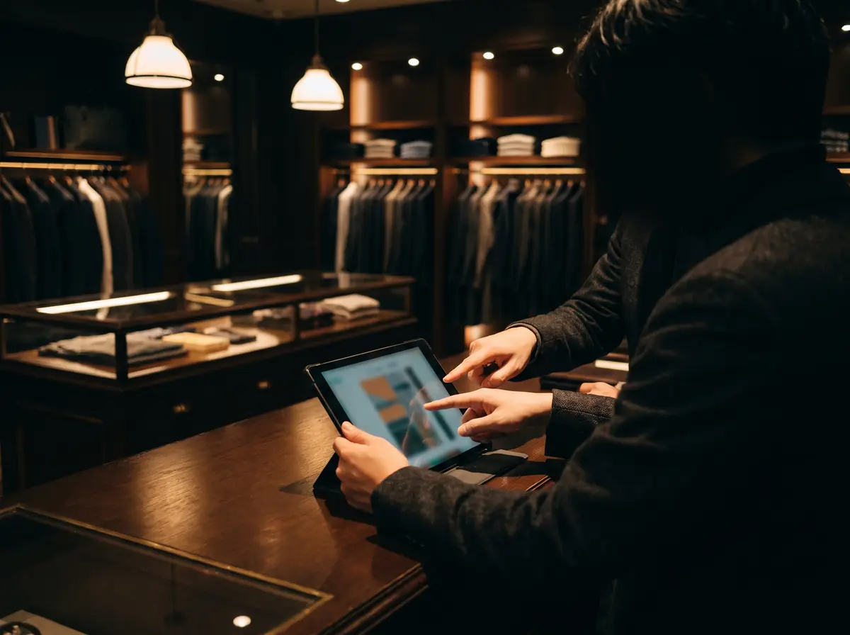 Bir butik tezgâhında tablette ürün analitiğine bakan iki kişi