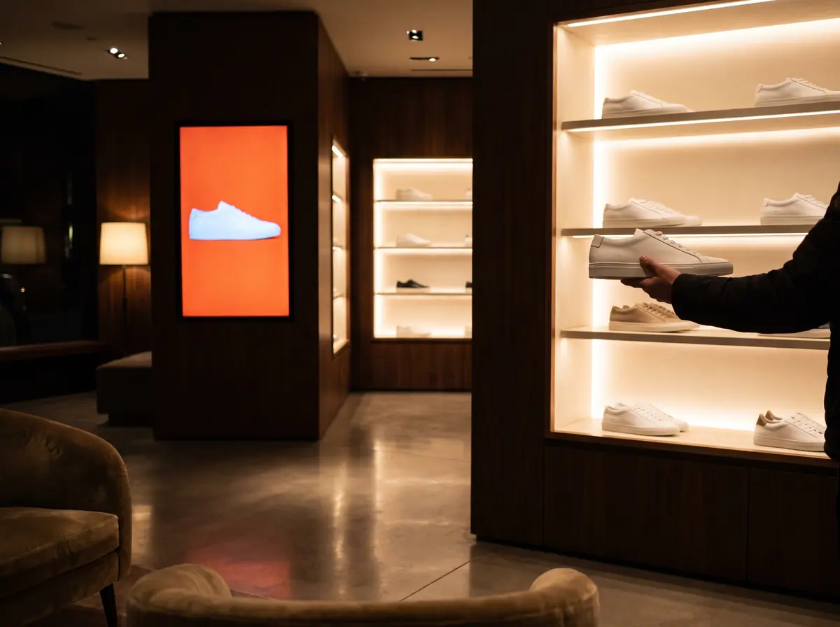 Bir müşteri ışıklı ayakkabı duvarından beyaz sneaker alıyor; yanındaki ekran onu gösteriyor