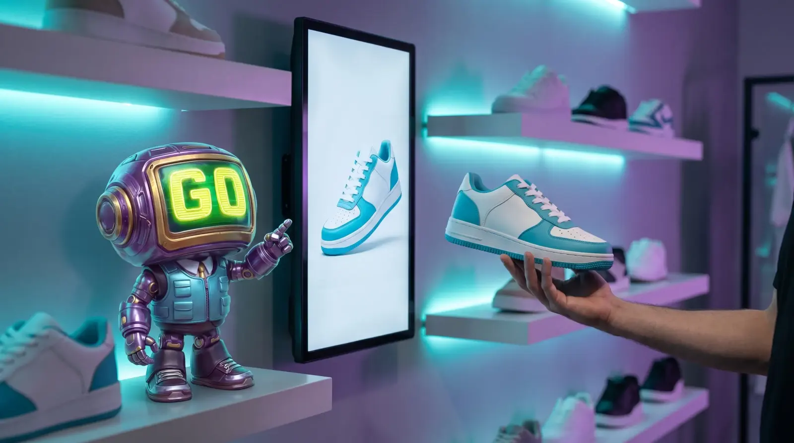 A shopper lifts a sneaker from a lit shelf while GoBot points at the screen beside it, which shows the same sneaker