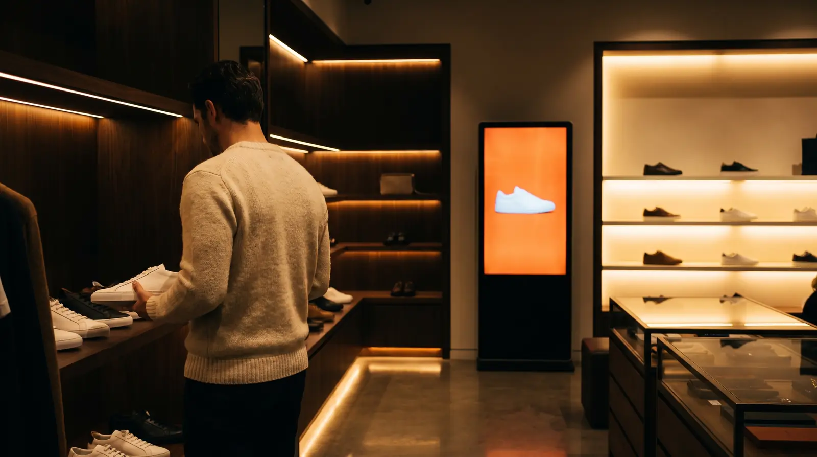 Bir müşteri ışıklı ayakkabı duvarından beyaz sneaker alıyor; yanındaki ekranda aynı ayakkabı