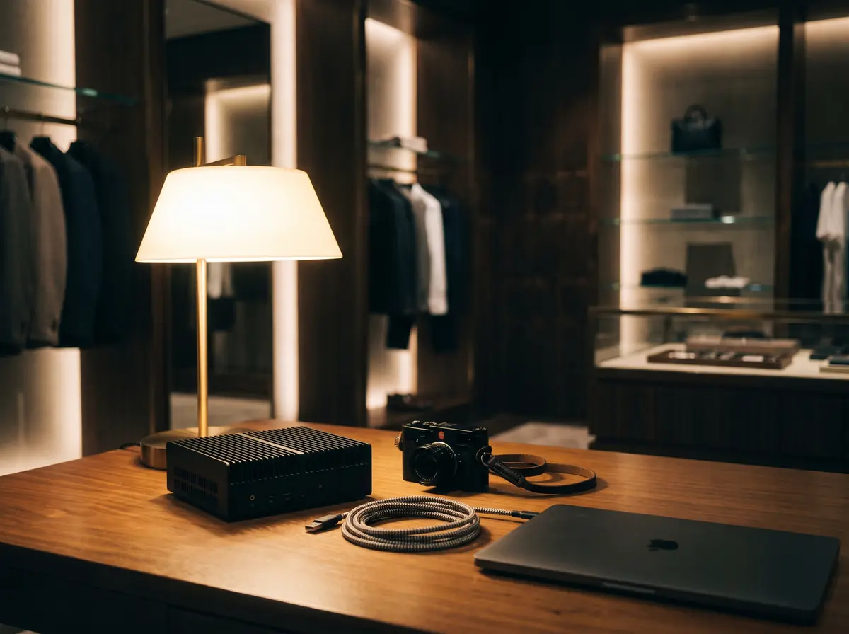 A compact in-store device, a small camera and cables on a back-office desk