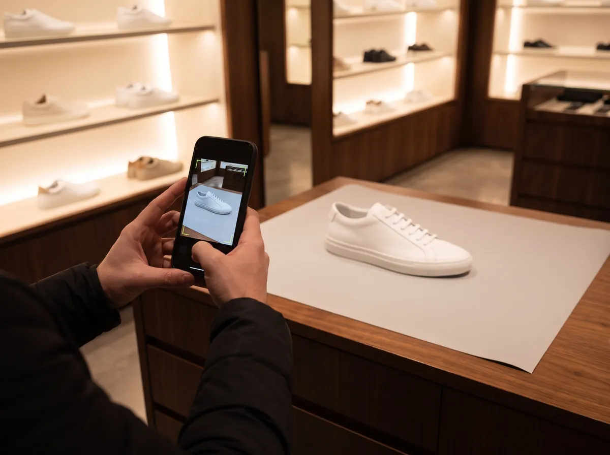Hands photograph a white sneaker on a grey backdrop with a phone whose screen frames it with guide corners