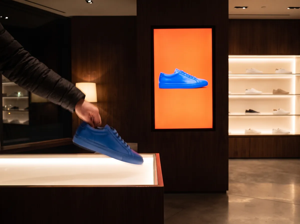 A hand lifts a blue sneaker off a lit plinth while the screen beside it shows the same blue sneaker