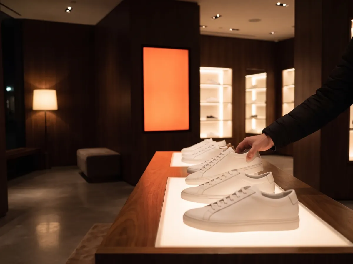 A hand puts a white sneaker back on its lit spot in a row of sneakers on a display table