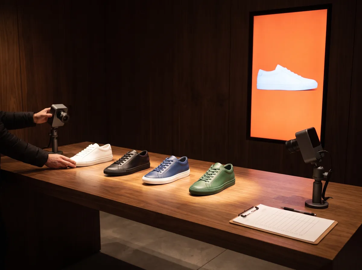 A test table with a white, a black, a blue and a green sneaker, two small cameras, a screen showing a sneaker and a checklist