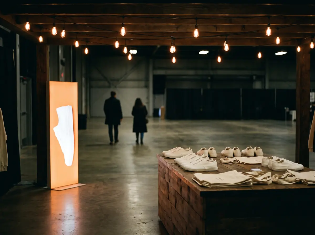 Işık dizileri altında sneaker ve bez çantalarla bir pop-up stand ve sneaker gösteren ekran